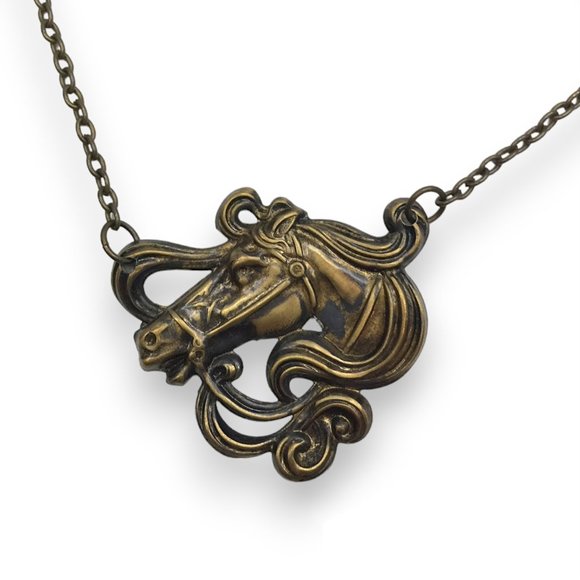 Antiqued Brass Victorian Carousel Horse Art Deco Aged Oxidized Pendant Necklace - Picture 1 of 3
